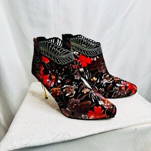 Floral Velvet Rhinestone Ankle Boots Sz 42 (US 10.5) Statement Stiletto Heel
